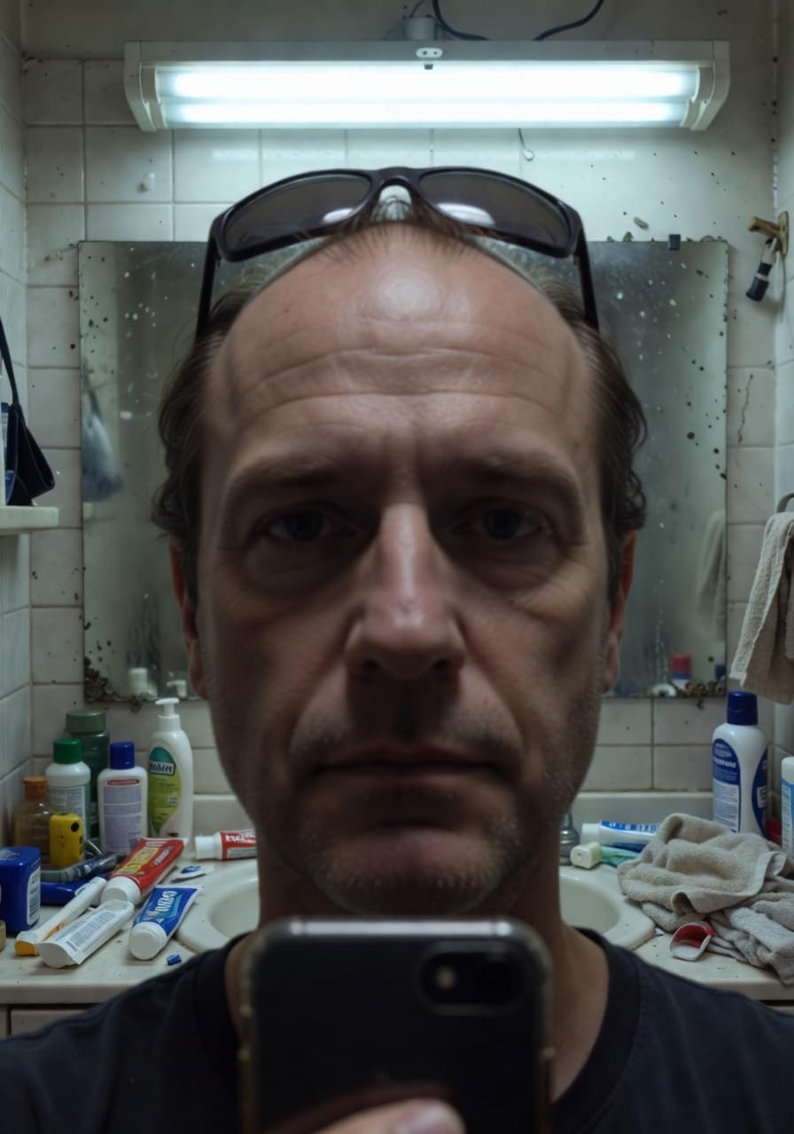 Example of a bad selfie for the SelfAI AI photo studio: low angle, harsh overhead light, heavy filter