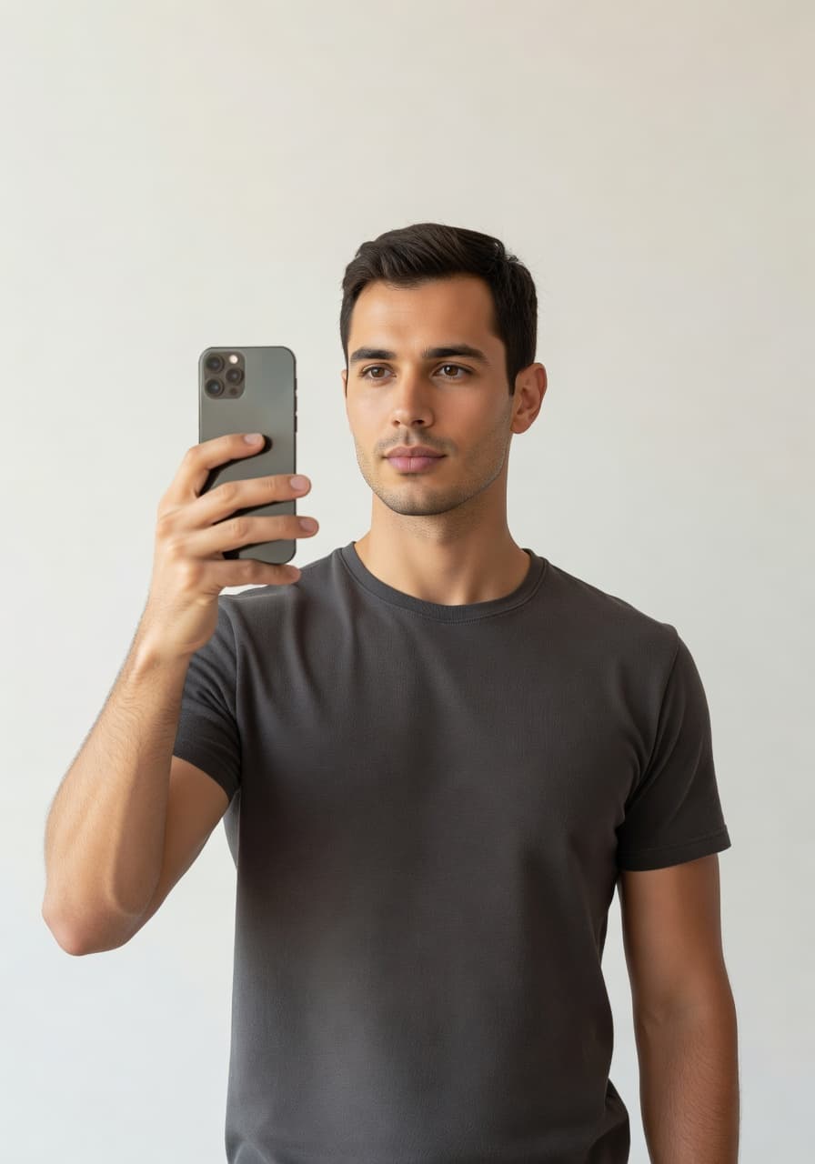 Example of a good selfie for the SelfAI AI headshot generator: eye-level framing, soft daylight, plain top